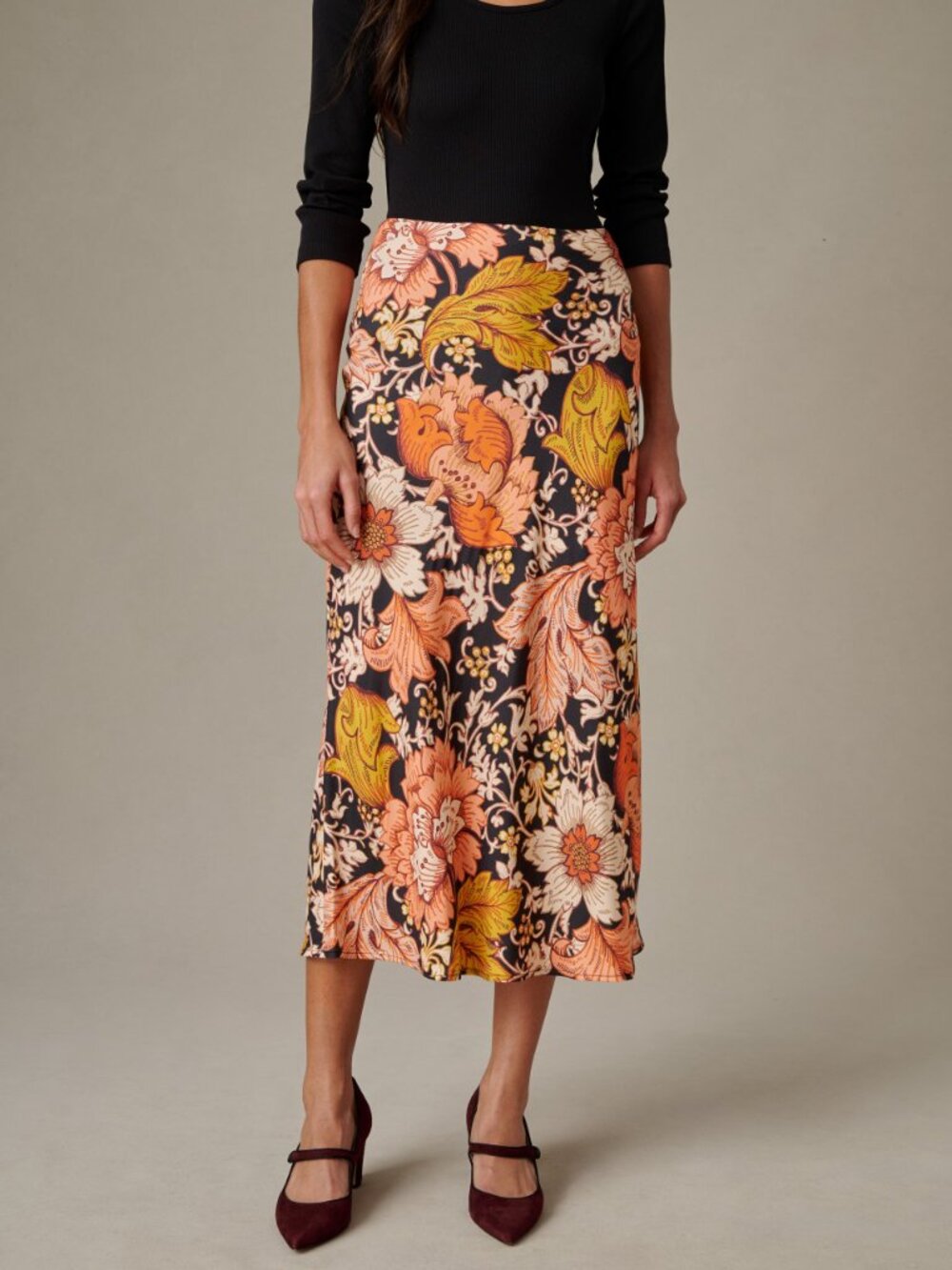 J McLaughlin Adelyn Silk Blend Skirt in City Garden Bias - Black/Coral NEW - Picture 2 of 3